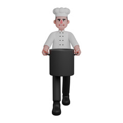 Culinary Expert 3D. A chef is walking forward while holding a large pot with both hands. Chef Cartoon