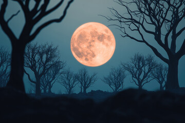 Fototapeta premium Haunting Moonlit Forest, a luminous full moon casts an eerie glow over skeletal trees in a mysterious, fog-laden landscape, creating an unsettling yet captivating ambiance.