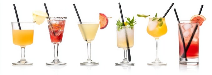 Six Varieties of Colorful Cocktails in Tall Glasses with Black Straws and Garnishes on a White Background, Stock Photo for Beverage and Mixology Concepts