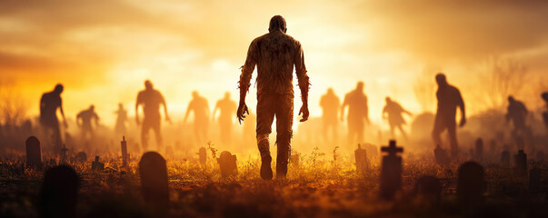 Horde of the Undead, silhouetted figures emerge from a misty graveyard at dusk, surrounded by gravestones, creating an eerie atmosphere of impending doom.