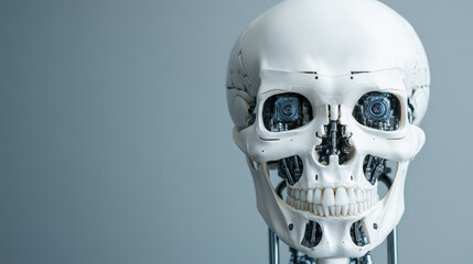 Futuristic robotic skull, blending organic shape with mechanical features, highlighting intricacies of technology and anatomy against a soft gray background