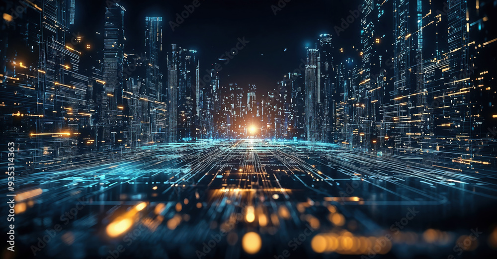 Poster futuristic skyline with a bright light at the end of the street in a digital city connected through 