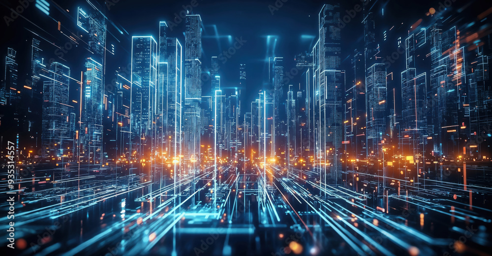 Poster the concept of a smart city is illustrated as a futuristic cityscape transforms with glowing lights 