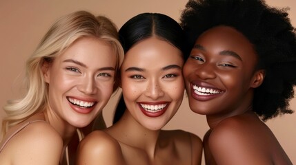 Three diverse models wearing natural makeup share joyful smiles in a softly lit studio. Their genuine expressions highlight unity and friendship among different cultures
