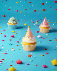 Colorful cupcakes with festive party hats surrounded by vibrant confetti on a bright blue background.