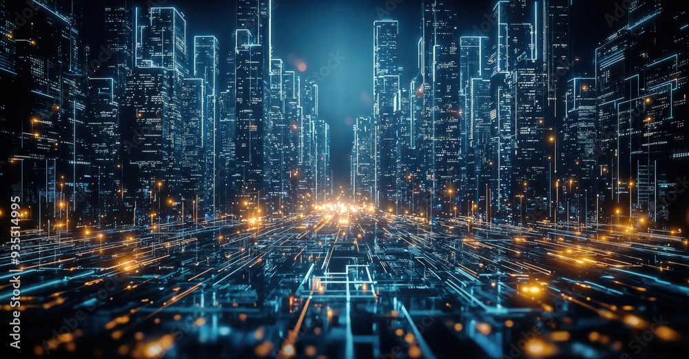 Aufkleber Futuristic cityscape at night with data flowing through a circuit board, representing the concept of a smart city. High quality photo