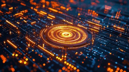 Abstract Digital Circuitry with Glowing Orange Lights