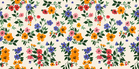 Seamless design. Colorful abstract flowers bouquet on a cream color background.