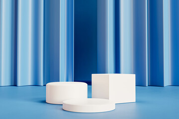 White podium with soft blue curtain background. Luxury minimal wall scene mockup product display. Abstract geometric platforms design. Round stage showcase. 3d render
