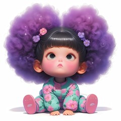 Fototapeta premium Cute chibi baby girl character with big purple cloud hair sitting in floral pajamas on a white background.