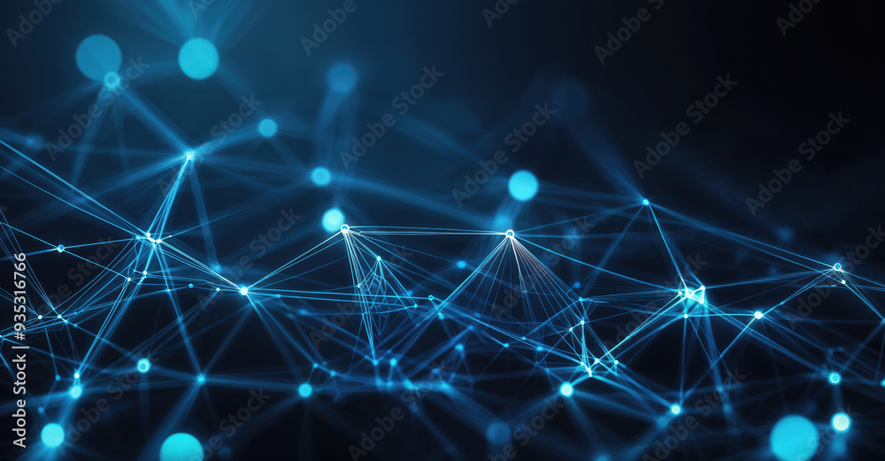 Poster Abstract network of connecting points and lines illustrating data exchange and technology on a blue background. High quality photo