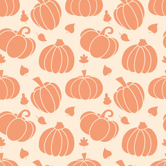 Pumpkin and Leaves Seamless Pattern. Soft Autumn Colors Endless Background. Fall Harvest Gift Wrapping Paper.