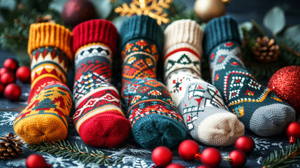Colorful knitted socks displayed on a festive table with ornaments and greenery for winter