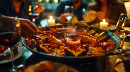 People sharing fresh paella in restaurant. Family or friends gathering. People eating delicious traditional spanish seafood paella with shrimp, mussels, and rice in a black pan