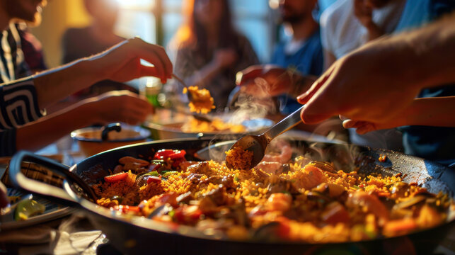 People sharing fresh paella in restaurant. Family or friends gathering. People eating delicious traditional spanish seafood paella with shrimp, mussels, and rice in a black pan