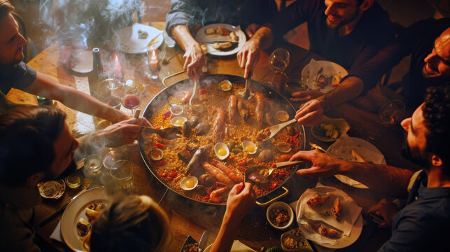 People sharing fresh paella in restaurant. Family or friends gathering. People eating delicious traditional spanish seafood paella with shrimp, mussels, and rice in a black pan