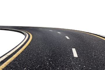 curved asphalt road with double yellow lines on transparent background, cut out, isolated highway turn to the left, clipping path