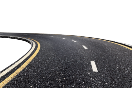 curved asphalt road with double yellow lines on transparent background, cut out, isolated highway turn to the left, clipping path