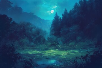 Obraz premium Moonlit Forest With A Quiet Lake