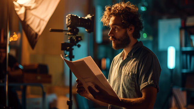 Professional actor reading his script during casting. Handsome actor or director holding scenario during rehearse