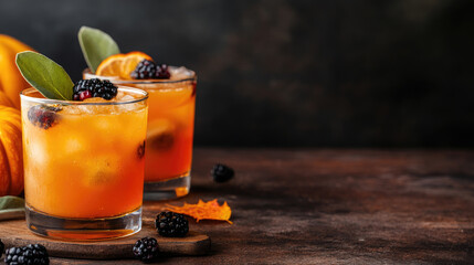 Autumn Harvest Cocktail, vibrant cocktails with ice, blackberries, orange slices, and sage set against a rustic backdrop, embodying the essence of fall flavors and festivities.