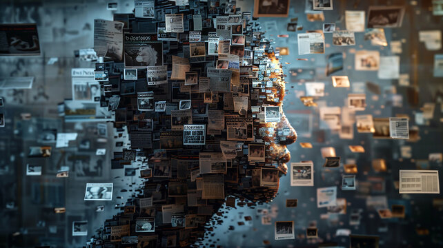 Unhappy young woman double exposed with reflections of social media feeds, news, comments, articles, websites, photos, posts, and other content. Information analysis concept. - Powered by Adobe