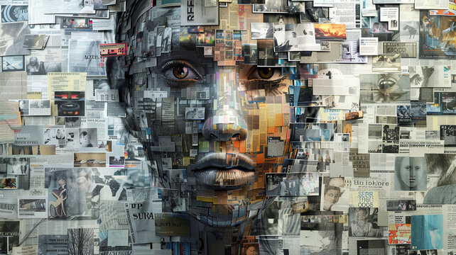 Unhappy young woman double exposed with reflections of social media feeds, news, comments, articles, websites, photos, posts, and other content. Information analysis concept.