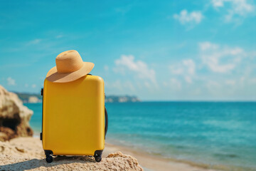 Sunny summer day on the beach, yellow suitcase and straw hat admiring the sea view. High quality photo