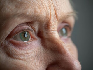 An elderly woman with a distant gaze symbolizing Alzheimer's and dementia, representing cognitive decline in a photo realistic style with depth of field.