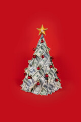 Christmas tree money topiary, Happy New Year greeting card, US dollars, financial success, profit