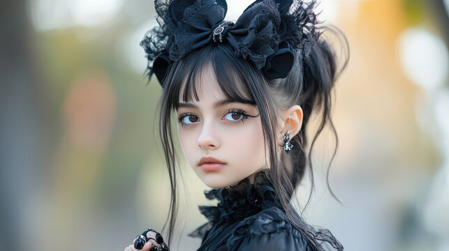 Gothic Elegance, a young girl with striking features adorned in black lace and bows, embodies a mysterious charm against a softly blurred outdoor background.