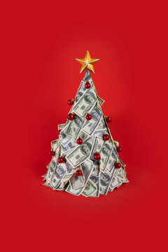 Christmas tree money topiary, Happy New Year greeting card, US dollars, financial success, profit