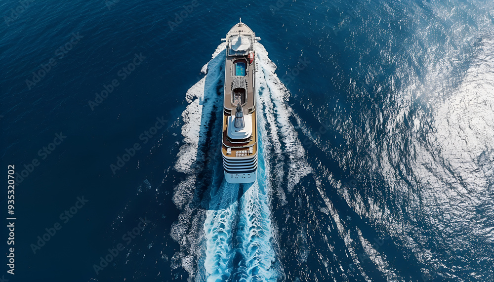 Sticker Aerial view of a large cruise ship traveling with speed and little waves over blue ocean