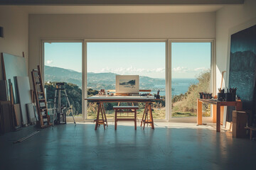 Fototapeta premium Art Studio with Large Open Windows and Scenic View