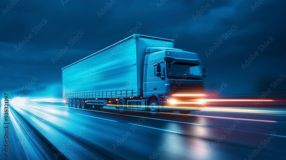 Poster A semi-trailer truck drives down a highway at night, with light trails from other vehicles in the background.