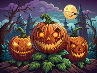 Happy halloween pumpkins vector image, horror gothic style