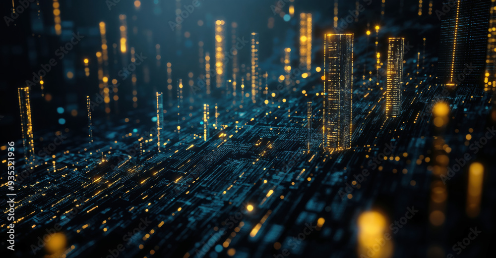 Poster futuristic cityscape with glowing buildings is emerging from a complex circuit board, concept of tec