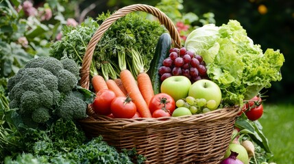 Fototapeta premium A wicker basket with vegetables and fruits on the background of the garden symbolizes a healthy diet