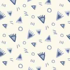 Seamless abstract african pattern with blue geometric shapes, circles, and lines on a white background. Tribal monochromatic background.