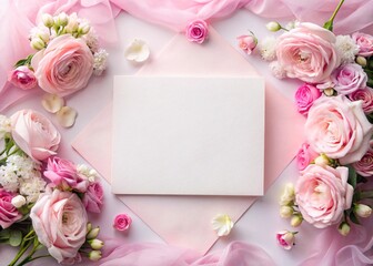 mockup - wedding card -  a flat lay arrangement with a blank white card or piece of paper in the center. Surrounding the card are various pink and white flowers, including roses and other blossoms