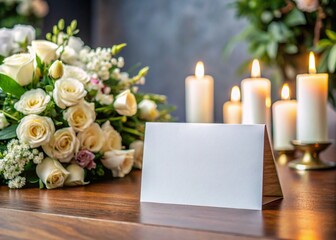 Obraz premium mockup - funeral card - a wooden table with a bouquet of white and pale yellow roses on the left side. In the center, there is a blank white card standing upright. In the background, there are several