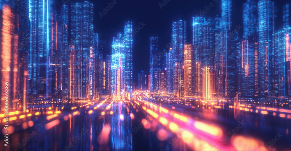 Aufkleber futuristic cityscape is glowing at night with blurred traffic in the foreground, creating a sense of
