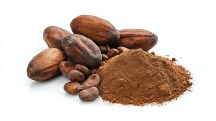 Cacao Powder and Cocoa Beans Isolated on White Background for Baking, Cooking, and Health Products