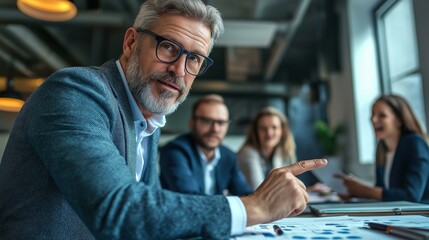 Obraz premium Mature Businessman Pointing at Chart During Brainstorming Session with Colleagues in Modern Office Setting
