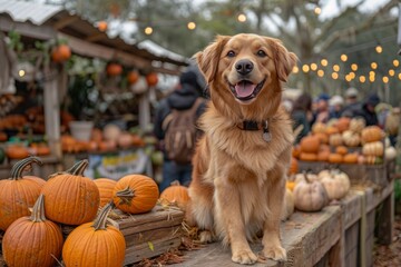 dog with pumpkins on blurred autumn food market background , fall and harvest aesthetic. Halloween and thanksgiving holiday