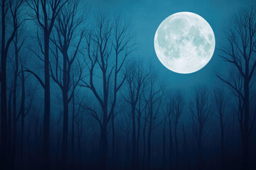 Naklejka premium Mysterious Night in a Foggy Forest, a luminous full moon casting ethereal light over barren trees, enveloping the scene in a deep blue twilight atmosphere.