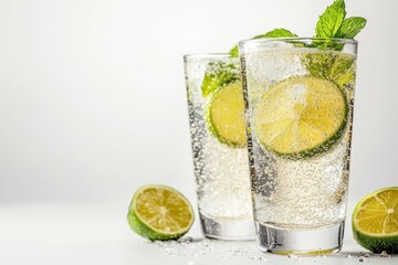 Refreshing drink with lime and mint, perfect for summer hydration and vibrant beverage presentations.