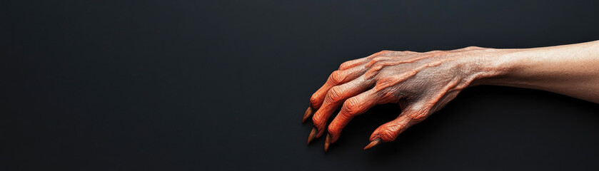 Fototapeta premium Sinister Transformation, a macabre hand melds human and monstrous traits, showcasing claw-like fingers against a stark background, embodying a haunting metamorphosis.