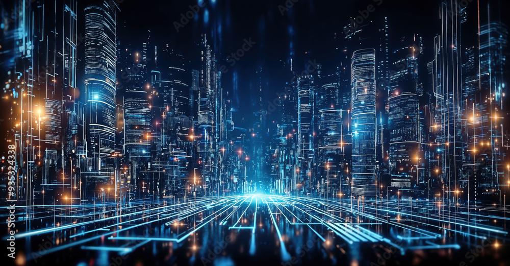 Poster digital technology connecting a futuristic smart city with data flowing at night. high quality photo
