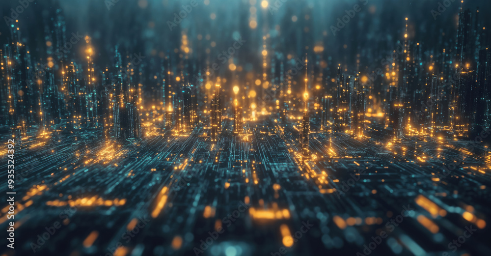 Poster futuristic cityscape with glowing lines and grids on abstract technology background. high quality ph